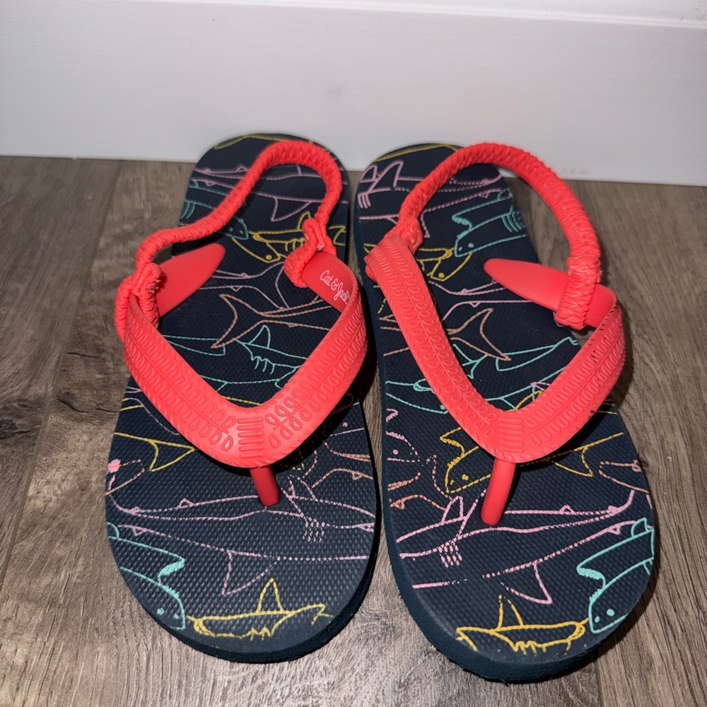 Cat & Jack Coral Strap Flip Flops with Multicolor Shark Print